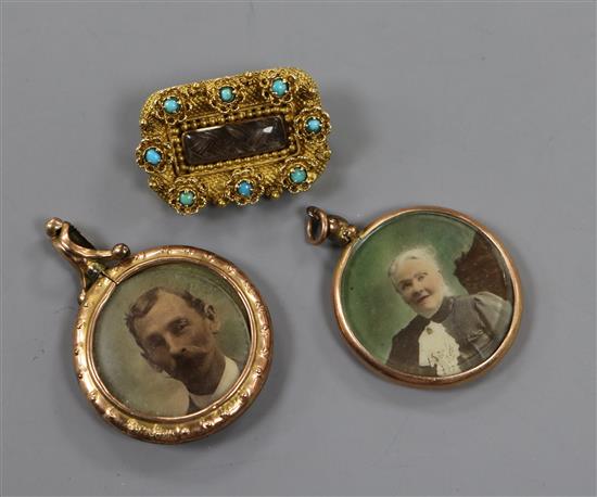 A Victorian yellow metal and turquoise mourning brooch and two portrait pendants.